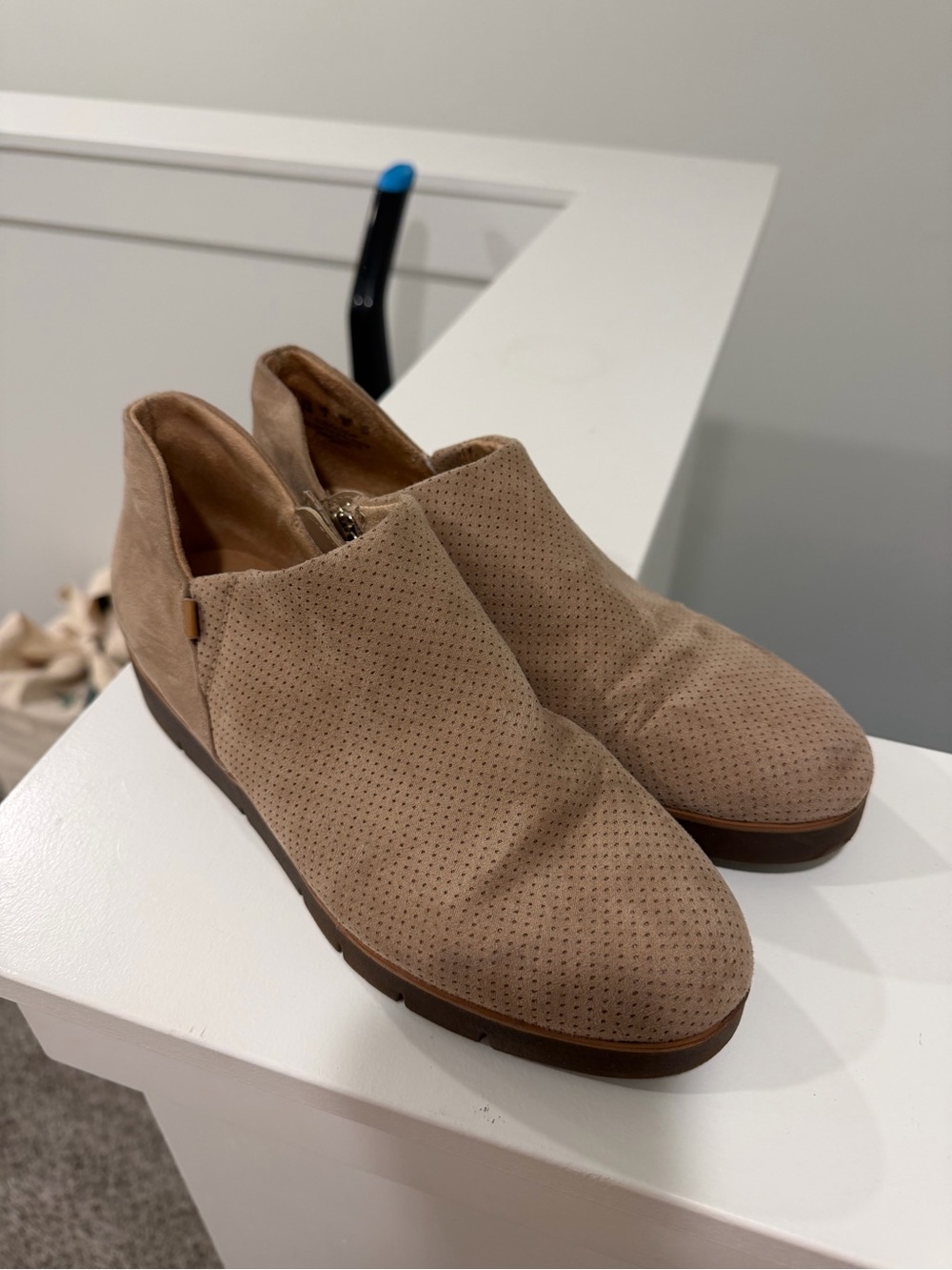 Taupe Perforated Slip-On Wedge Booties